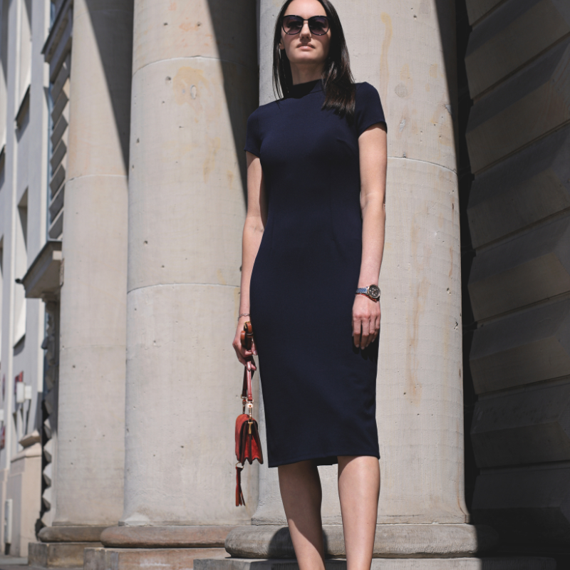 Navy midi dress with high neck and short sleeves