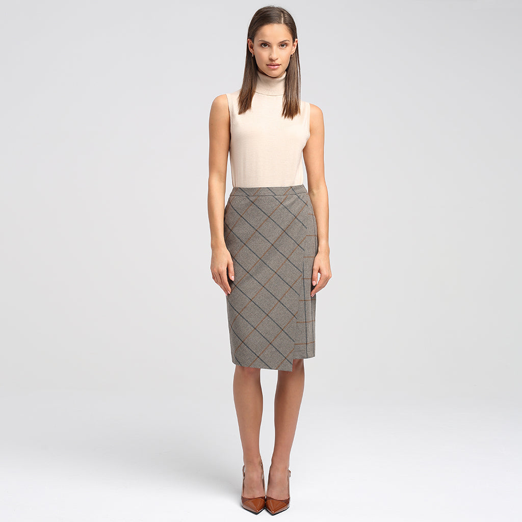 Front wrap midi skirt in brown check