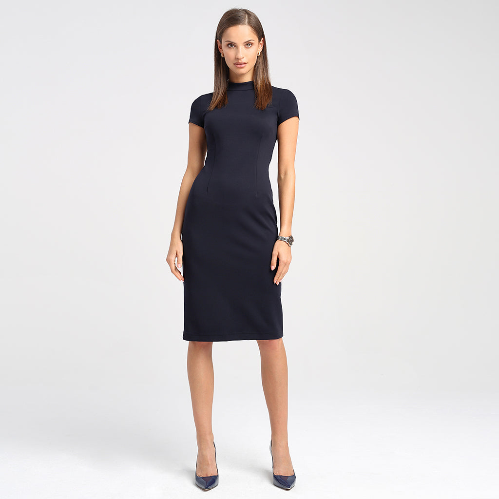 Navy midi dress with high neck and short sleeves