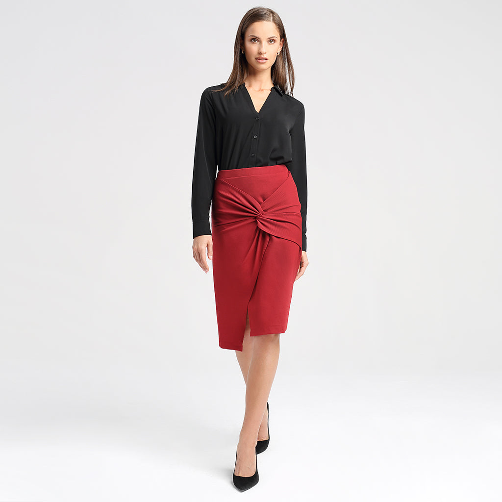 Pencil skirt with front knot detail in dark red